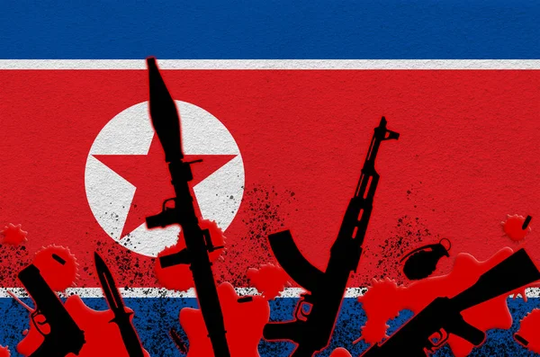 Bandeira Coreia Norte Várias Armas Sangue Vermelho Conceito Para Ataque — Fotografia de Stock