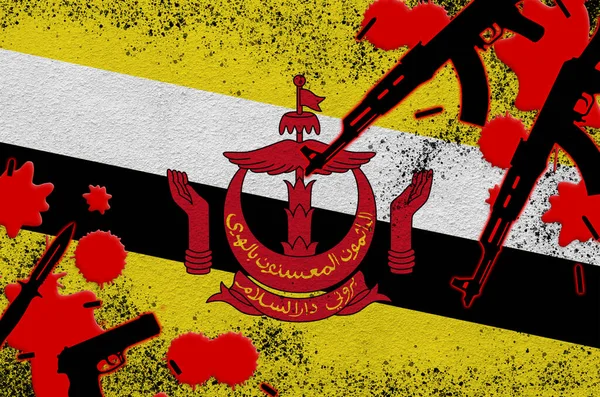 Bandera Brunei Darussalam Armas Fuego Sangre Roja Concepto Ataque Terrorista — Foto de Stock