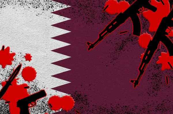 Bandera Qatar Armas Fuego Sangre Roja Concepto Ataque Terrorista Operaciones — Foto de Stock