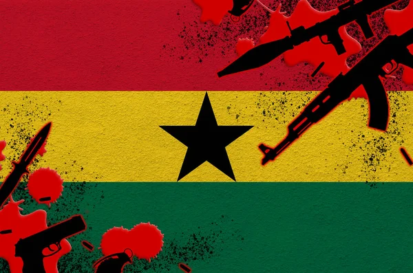 Ghana Flagge Und Verschiedene Waffen Rotem Blut Konzept Für Terroranschläge — Stockfoto