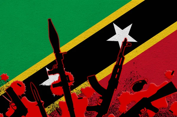Saint Kitts Nevis Flag Various Weapons Red Blood Concept Terror — Stock Photo, Image