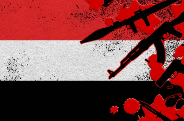 Yemen Flag Various Weapons Red Blood Concept Terror Attack Military — Stock Photo, Image