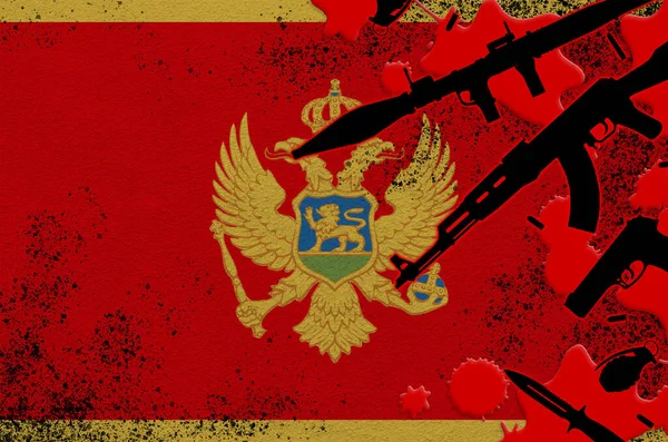 Bandera Montenegro Varias Armas Sangre Roja Concepto Ataque Terrorista Operaciones — Foto de Stock