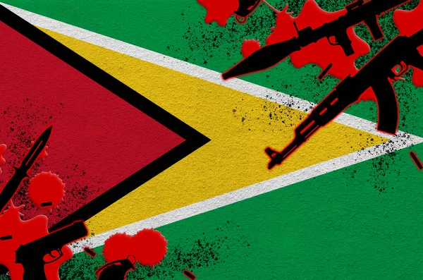 Guyana Flagge Und Verschiedene Waffen Rotem Blut Konzept Für Terroranschläge — Stockfoto