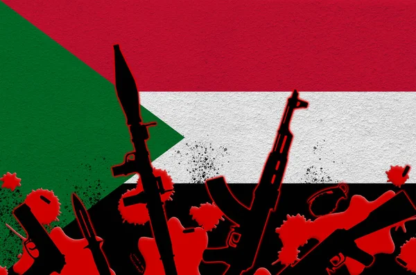 Súdánská Vlajka Různé Zbraně Červené Krvi Koncepce Teroristického Útoku Nebo — Stock fotografie