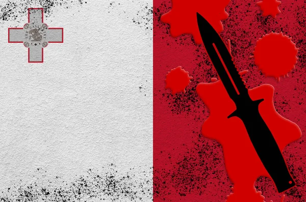 Malta flag and black tactical knife in red blood. Concept for terror attack or military operations with lethal outcome. Dangerous melee weapon usage