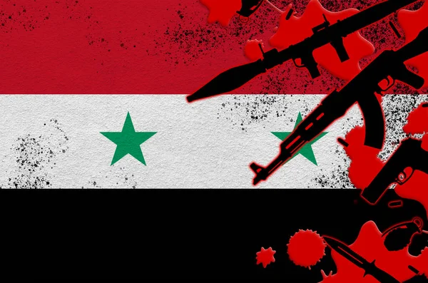 Syrien Flagga Och Olika Vapen Rött Blod Begreppet Terrorattack Eller — Stockfoto