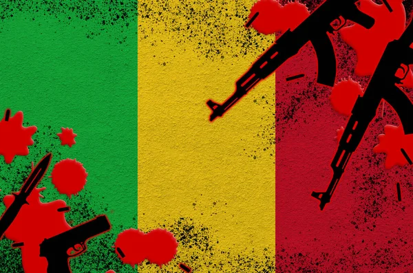 马里国旗和红血枪恐怖袭击和军事行动的概念 枪支贩运 — 图库照片