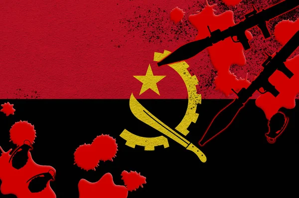 Flaga Angoli Wyrzutnie Rakiet Granatami Krwi Koncepcja Ataku Terrorystycznego Operacji — Zdjęcie stockowe