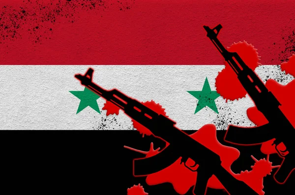 Syrien Flagga Och Två Svarta Gevär Rött Blod Begreppet Terrorattack — Stockfoto