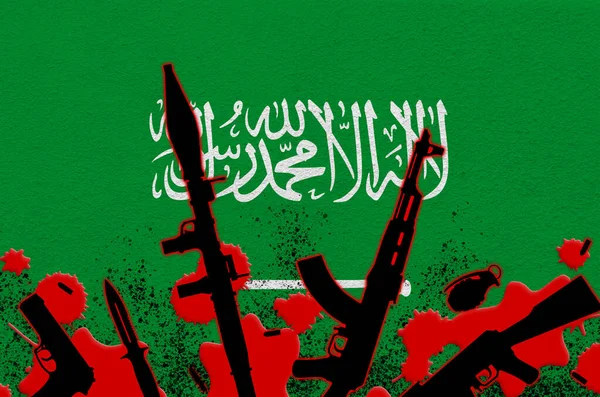 Bandiera Dell Arabia Saudita Varie Armi Sangue Rosso Concetto Attacco — Foto Stock