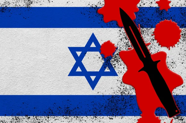Bandera Israel Cuchillo Táctico Negro Sangre Roja Concepto Ataque Terrorista — Foto de Stock