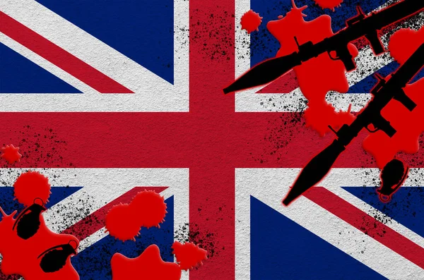 血中の手榴弾でイギリスの旗とロケットランチャー テロ攻撃と軍事作戦の概念 銃取引 — ストック写真