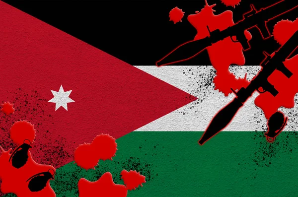 Jordan flag and rocket launchers with grenades in blood. Concept for terror attack and military operations. Gun trafficking