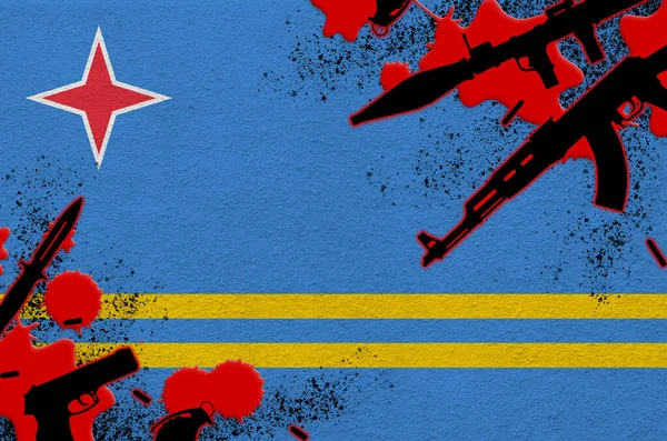 Drapeau Aruba Diverses Armes Sang Rouge Concept Attaque Terroriste Opérations — Photo