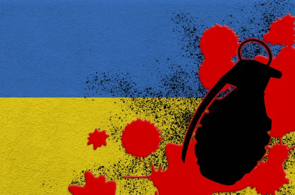 Bandera Ucrania Granada Fragmentación Mk2 Sangre Roja Concepto Ataque Terrorista —  Fotos de Stock