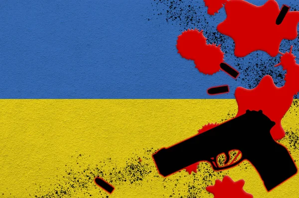 Ukrainische Flagge Und Schwarze Schusswaffe Rotem Blut Konzept Für Terroranschläge — Stockfoto