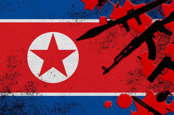 Flaga Korei Północnej Różne Bronie Czerwonej Krwi Koncepcja Ataku Terrorystycznego — Zdjęcie stockowe