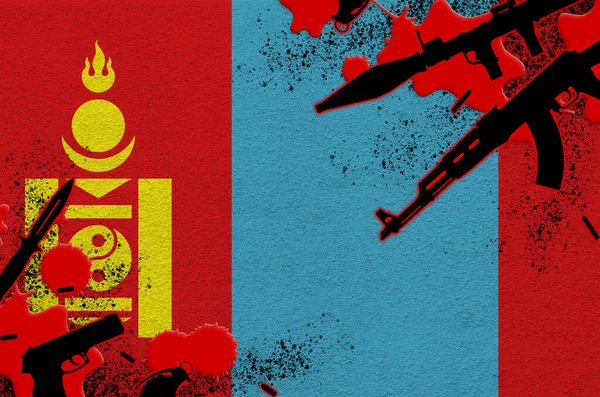 Drapeau Mongolie Diverses Armes Sang Rouge Concept Attaque Terroriste Opérations — Photo