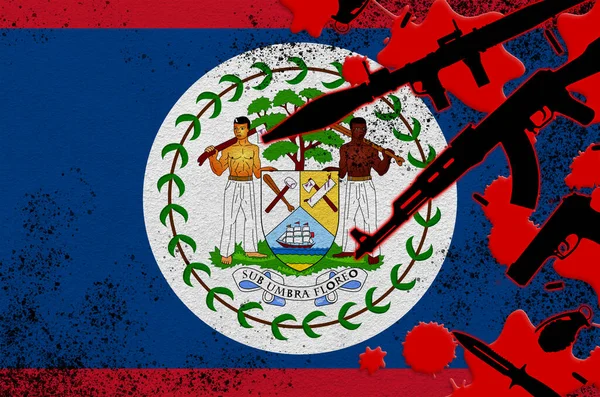 Belize Vlajka Různé Zbraně Červené Krvi Koncepce Teroristického Útoku Nebo — Stock fotografie