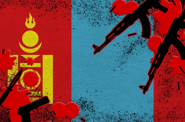 Drapeau Mongolie Fusils Sang Rouge Concept Attaque Terroriste Opérations Militaires — Photo