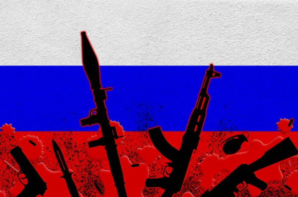 Bandera Rusia Varias Armas Sangre Roja Concepto Ataque Terrorista Operaciones —  Fotos de Stock