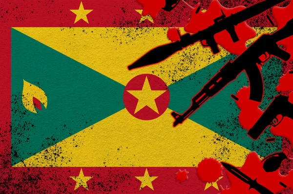 Grenada Zászló Különböző Fegyverek Vörös Vérrel Terrortámadás Vagy Halálos Kimenetelű — Stock Fotó
