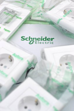 KHARKOV, UKRAINE - NOVEMBER 06, 2020: Schneider Avrupa dolgu standartlı plastik elektrik prizleri kutusu. Schneider Electric, Avrupa 'da enerji sağlayan çok uluslu bir şirket.
