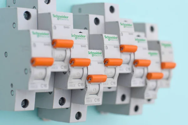 Kharkov Ukraine October 2020 Schneider Electric Circuit Breakers Light Blue — Stock Photo, Image