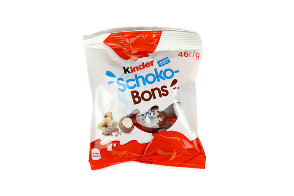 KHARKOV, UKRAINE - DECEMBER 8, 2020: Schoko Bons by Kinder brand made by Ferrero SpA. Kinder is a confectionery product brand line of Italian multinational manufacturer Ferrero