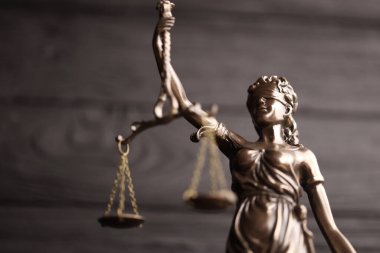 Adalet Anıtı. Adalet Anıtı ya da Roma Adalet Tanrıçası. Siyah ahşap duvardaki heykel. Yargı, mahkeme süreci ve avukatların işgali kavramı