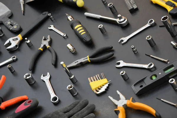 Handyman Tool Kit Black Wooden Table Many Wrenches Screwdrivers Pilers — Stock Photo, Image