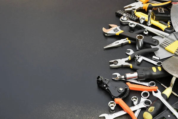 Handyman Tool Kit Black Wooden Table Many Wrenches Screwdrivers Pilers — Stock Photo, Image