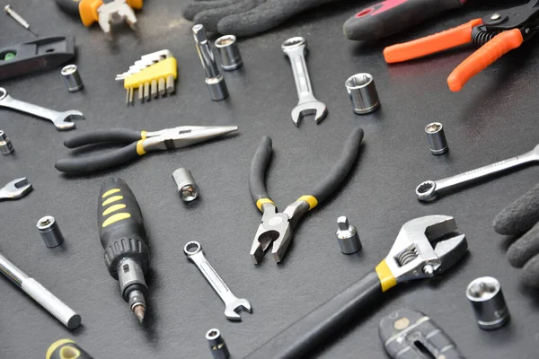 Handyman Tool Kit Black Wooden Table Many Wrenches Screwdrivers Pilers — Stock Photo, Image