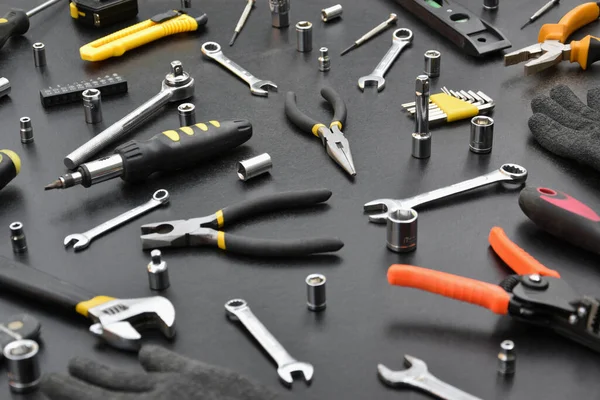 Handyman Tool Kit Black Wooden Table Many Wrenches Screwdrivers Pilers — Stock Photo, Image