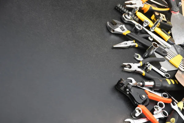 Handyman Tool Kit Black Wooden Table Many Wrenches Screwdrivers Pilers — Stock Photo, Image