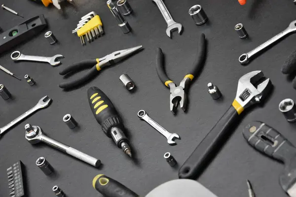 Handyman Tool Kit Black Wooden Table Many Wrenches Screwdrivers Pilers — Stock Photo, Image