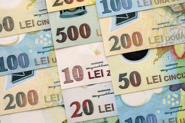Romanian Leu currency money bills. RON currency banknotes in big amount with different denomination close up