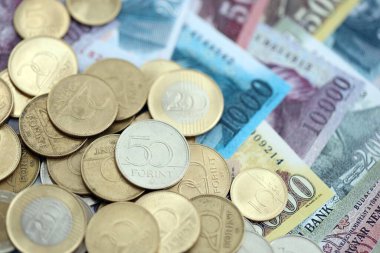 Big amount of Hungarian Forint currency money bills and coins. HUF currency banknotes and coins close up