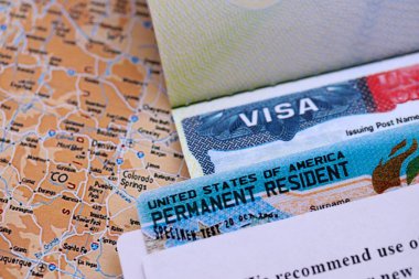 ABD VISA Amerika Birleşik Devletleri. ABD haritasında Amerikan Piyango Yeşil Kart Vizesi yakın plan