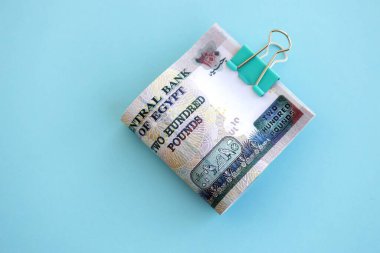 Mısırlı para banknotları büyük miktarda mavi yakın plan üzerinde. Finans ve bankacılık kavramı