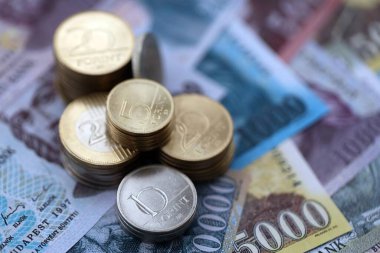 Hungarian Forint currency money bills and coins. Many HUF currency banknotes and coins close up