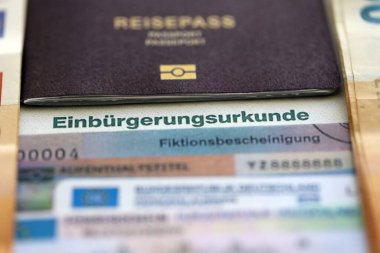 Alman pasaportu ve resmi vatandaşlık belgesinde bir kimlik kartı. Alman vatandaşlığının başarıyla kazanılması için sembolik yakın plan