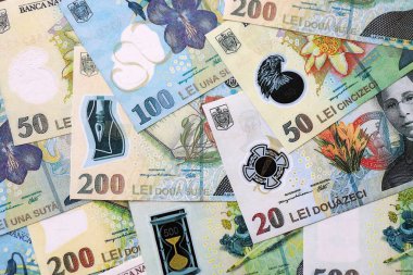 Romanian Leu currency money bills. RON currency banknotes in heap with different denomination close up