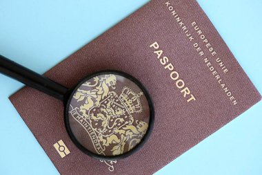 Hollanda pasaportu ve açık mavi kağıtta büyüteç yakın plan. Vatandaşlık detayları ve bilgi kavramı