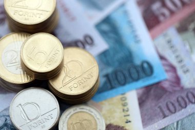 Stack of Hungarian Forint currency money bills and coins. HUF currency banknotes and coins close up