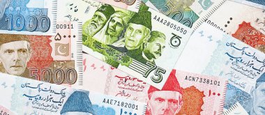 Pakistan banknotları. Pakistan 'ın mevcut para faturaları büyük miktarda masada yatıyor. Pakistan 'da iş ve yatırım kavramı