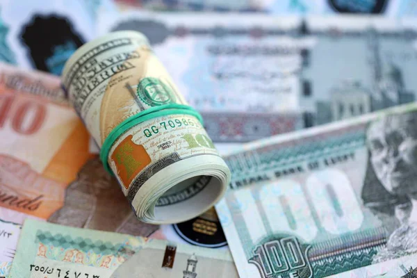 Mısır para birimi banknotları ve biz dolar banknotları yakın çekim. Ekonomi ve döviz kuru kavramı