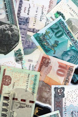Mısır para birimi banknotları. Mevcut banknotlar masanın üzerinde büyük miktarda yatıyor.