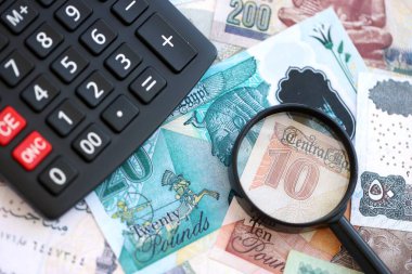 Mısır para birimi banknotları ve büyüteçle yakın plan hesap makinesi. Vergilendirme ve para sayımı kavramı